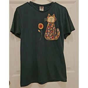 Fruit of the Loom Best Women's Green Cat Flower Applique T Shirt Size Medium